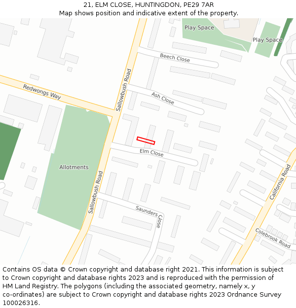 21, ELM CLOSE, HUNTINGDON, PE29 7AR: Location map and indicative extent of plot