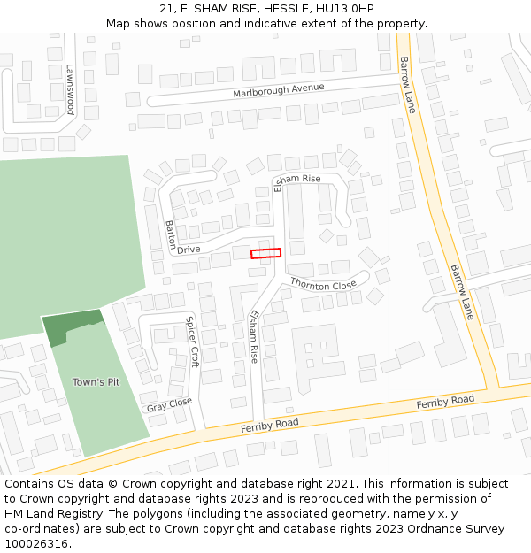 21, ELSHAM RISE, HESSLE, HU13 0HP: Location map and indicative extent of plot