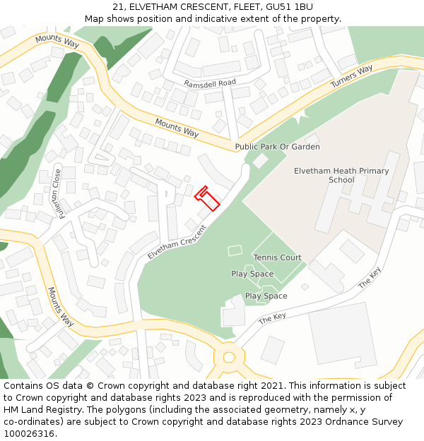 21, ELVETHAM CRESCENT, FLEET, GU51 1BU: Location map and indicative extent of plot