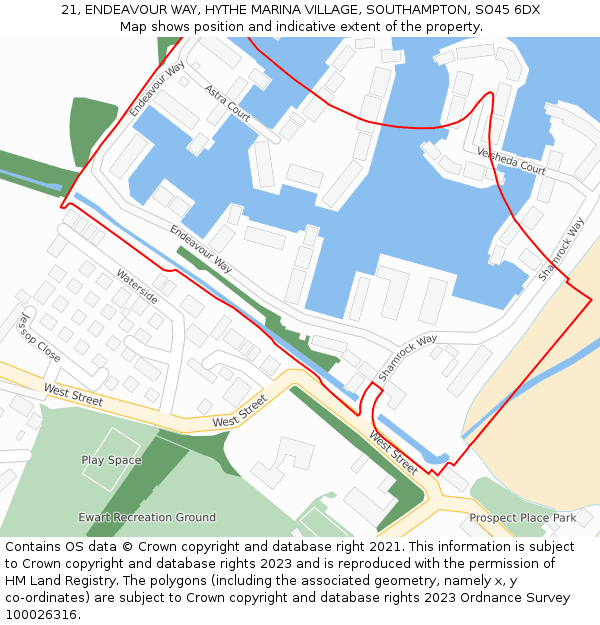 21, ENDEAVOUR WAY, HYTHE MARINA VILLAGE, SOUTHAMPTON, SO45 6DX: Location map and indicative extent of plot