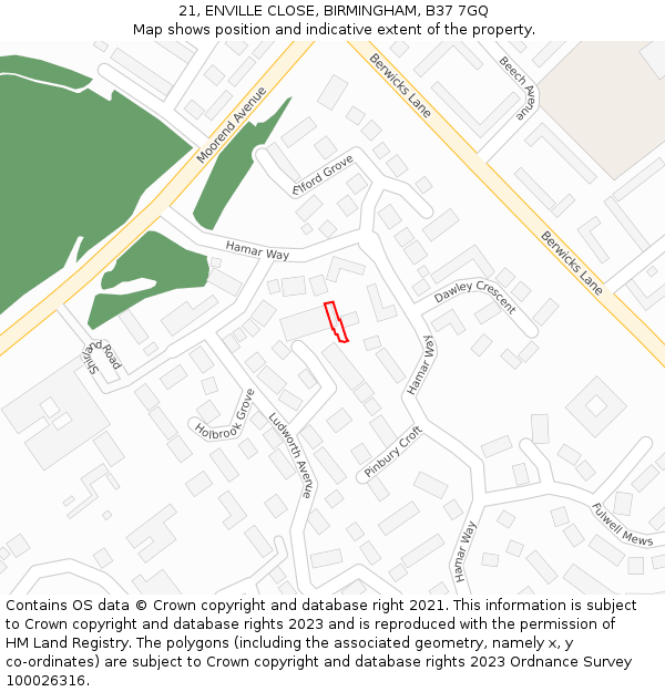 21, ENVILLE CLOSE, BIRMINGHAM, B37 7GQ: Location map and indicative extent of plot