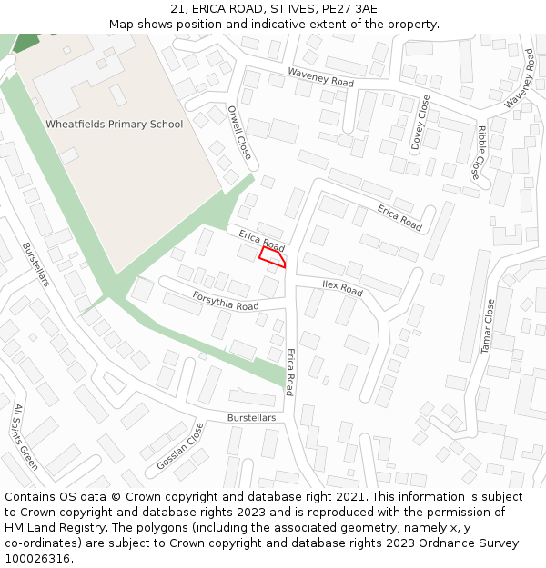 21, ERICA ROAD, ST IVES, PE27 3AE: Location map and indicative extent of plot
