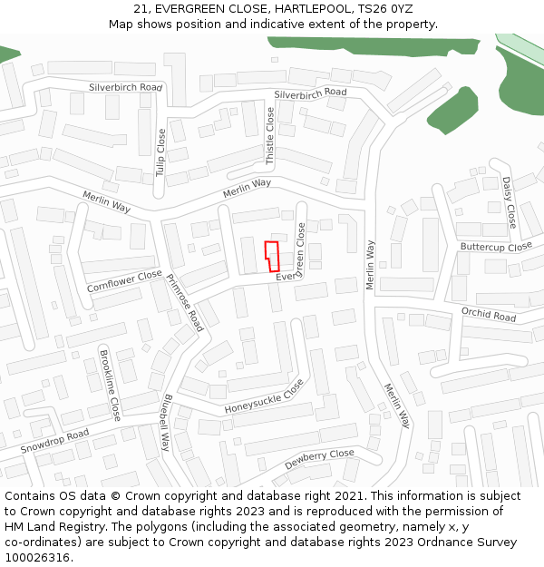 21, EVERGREEN CLOSE, HARTLEPOOL, TS26 0YZ: Location map and indicative extent of plot