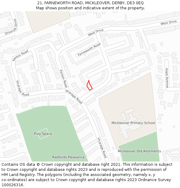 21, FARNEWORTH ROAD, MICKLEOVER, DERBY, DE3 0EQ: Location map and indicative extent of plot