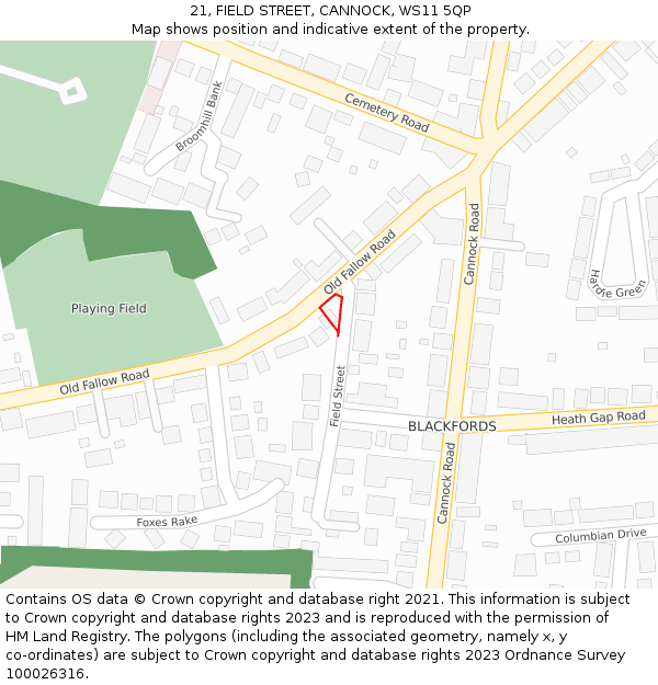 21, FIELD STREET, CANNOCK, WS11 5QP: Location map and indicative extent of plot