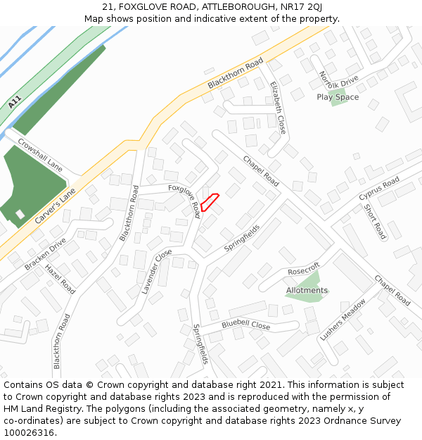 21, FOXGLOVE ROAD, ATTLEBOROUGH, NR17 2QJ: Location map and indicative extent of plot