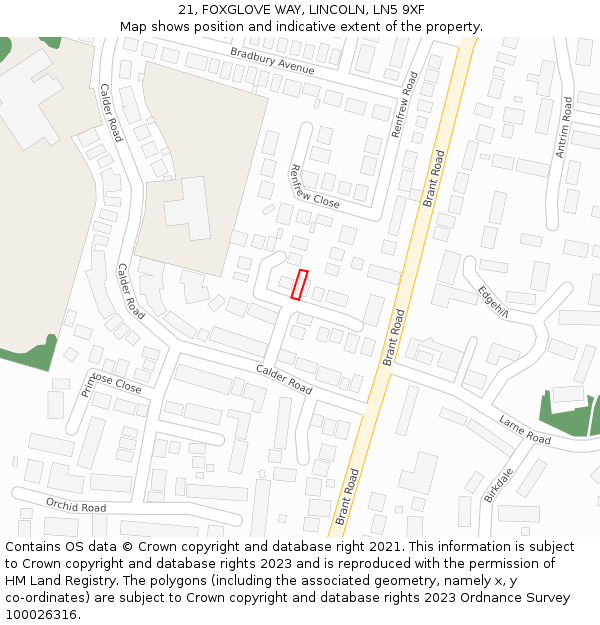 21, FOXGLOVE WAY, LINCOLN, LN5 9XF: Location map and indicative extent of plot
