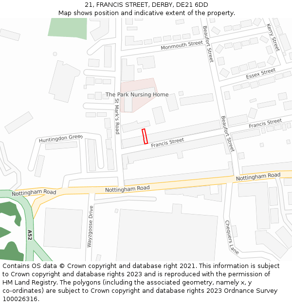 21, FRANCIS STREET, DERBY, DE21 6DD: Location map and indicative extent of plot