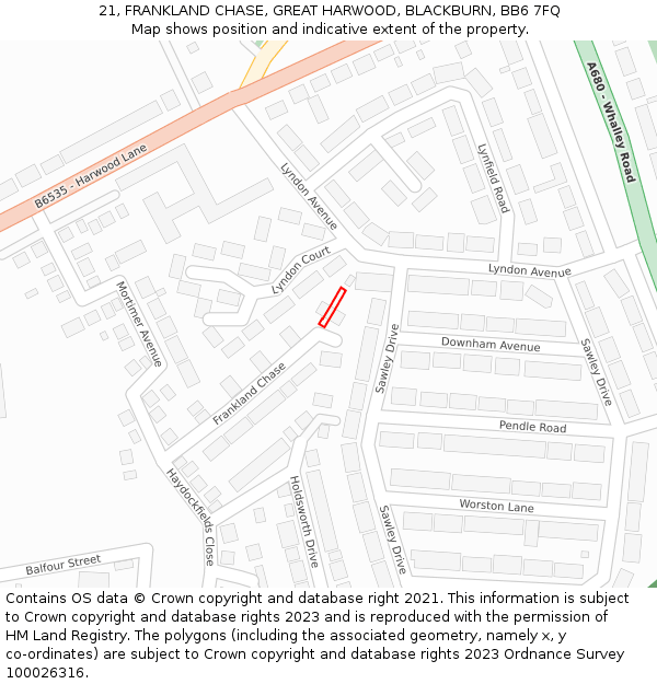 21, FRANKLAND CHASE, GREAT HARWOOD, BLACKBURN, BB6 7FQ: Location map and indicative extent of plot