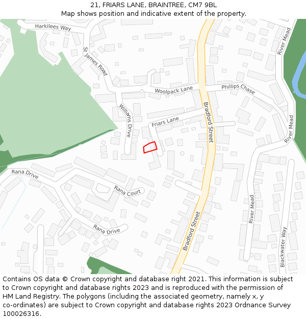 21, FRIARS LANE, BRAINTREE, CM7 9BL: Location map and indicative extent of plot