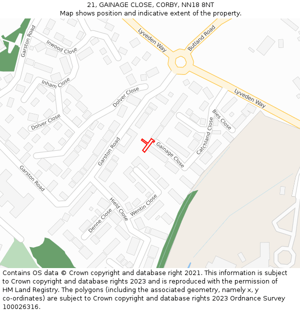 21, GAINAGE CLOSE, CORBY, NN18 8NT: Location map and indicative extent of plot
