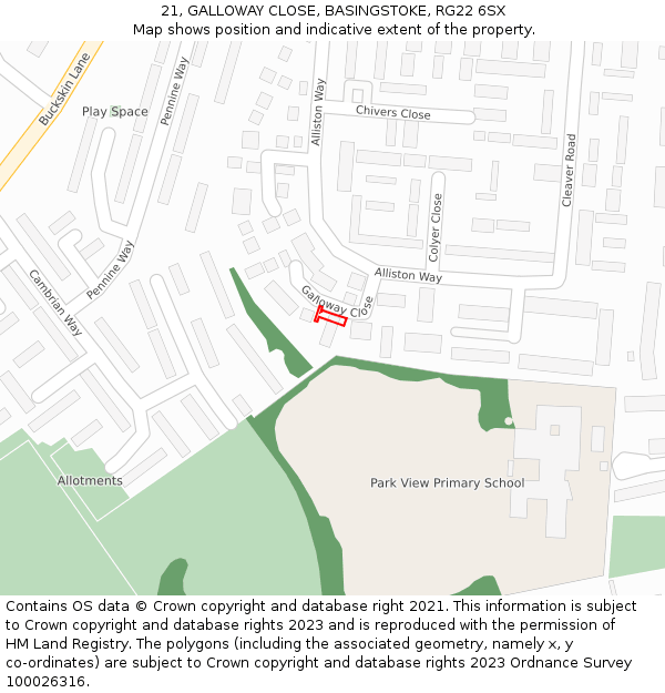 21, GALLOWAY CLOSE, BASINGSTOKE, RG22 6SX: Location map and indicative extent of plot