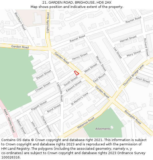 21, GARDEN ROAD, BRIGHOUSE, HD6 2AX: Location map and indicative extent of plot