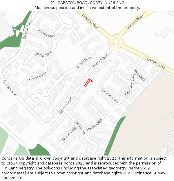 21, GARSTON ROAD, CORBY, NN18 8NG: Location map and indicative extent of plot