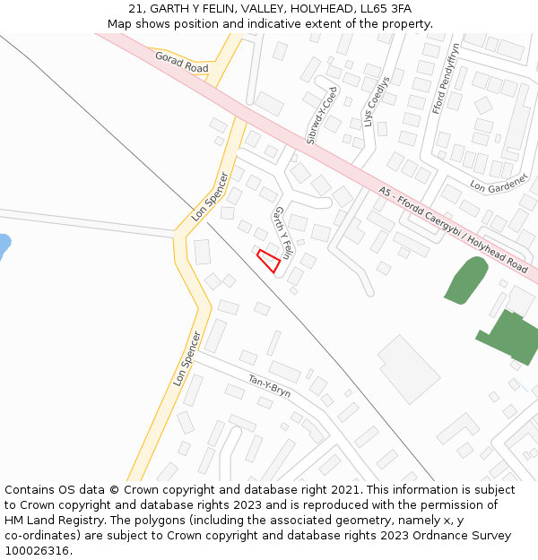 21, GARTH Y FELIN, VALLEY, HOLYHEAD, LL65 3FA: Location map and indicative extent of plot