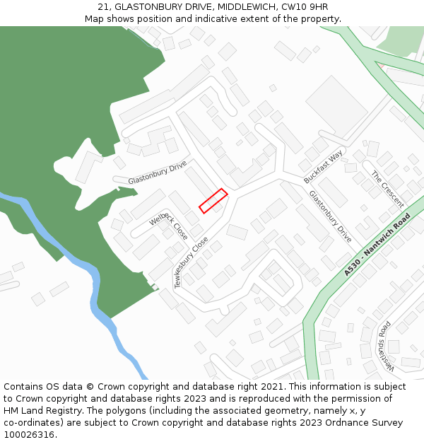 21, GLASTONBURY DRIVE, MIDDLEWICH, CW10 9HR: Location map and indicative extent of plot