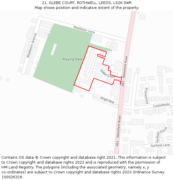 21, GLEBE COURT, ROTHWELL, LEEDS, LS26 0WR: Location map and indicative extent of plot