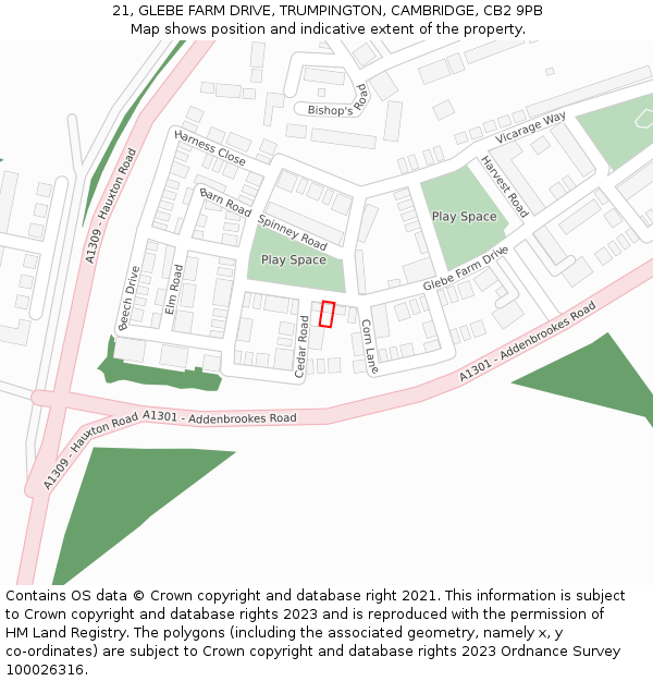 21, GLEBE FARM DRIVE, TRUMPINGTON, CAMBRIDGE, CB2 9PB: Location map and indicative extent of plot