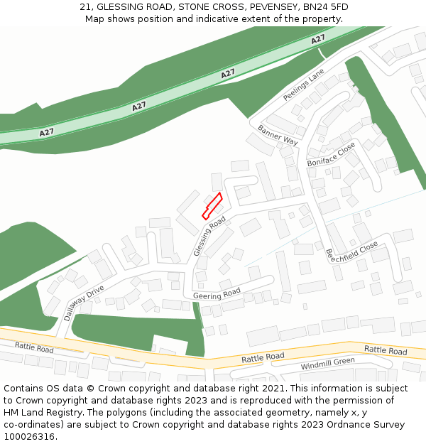 21, GLESSING ROAD, STONE CROSS, PEVENSEY, BN24 5FD: Location map and indicative extent of plot