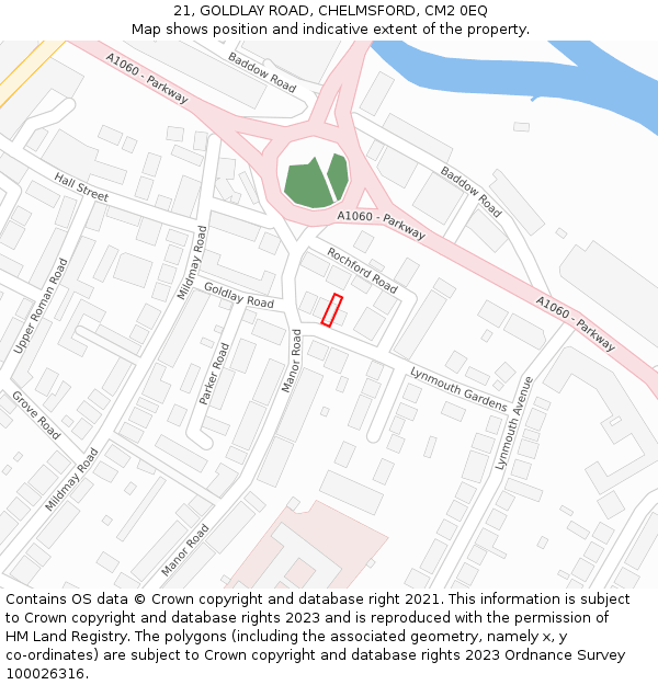 21, GOLDLAY ROAD, CHELMSFORD, CM2 0EQ: Location map and indicative extent of plot