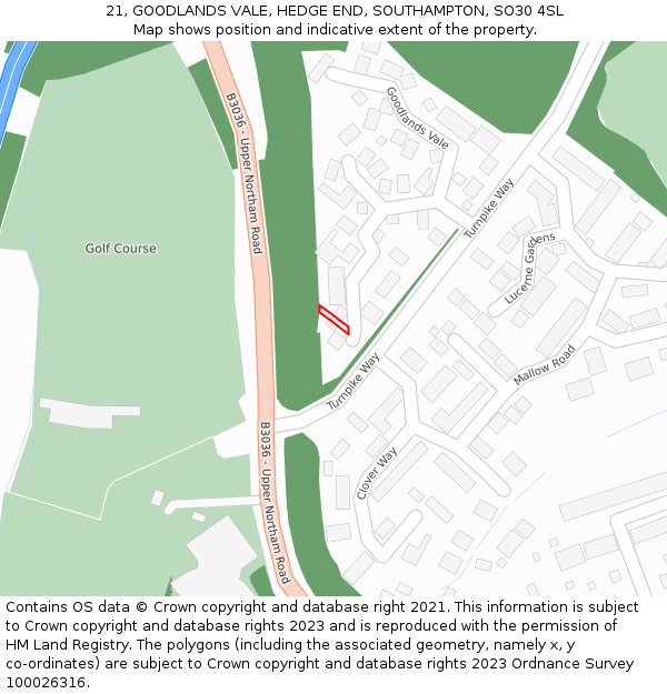 21, GOODLANDS VALE, HEDGE END, SOUTHAMPTON, SO30 4SL: Location map and indicative extent of plot