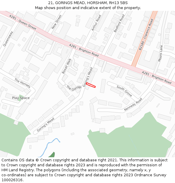 21, GORINGS MEAD, HORSHAM, RH13 5BS: Location map and indicative extent of plot