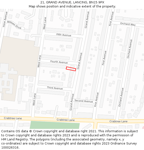 21, GRAND AVENUE, LANCING, BN15 9PX: Location map and indicative extent of plot