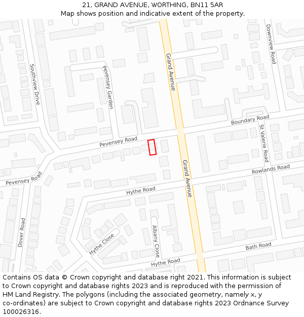 21, GRAND AVENUE, WORTHING, BN11 5AR: Location map and indicative extent of plot