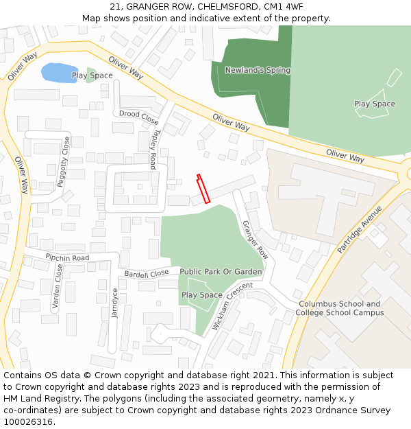 21, GRANGER ROW, CHELMSFORD, CM1 4WF: Location map and indicative extent of plot