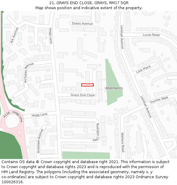 21, GRAYS END CLOSE, GRAYS, RM17 5QR: Location map and indicative extent of plot