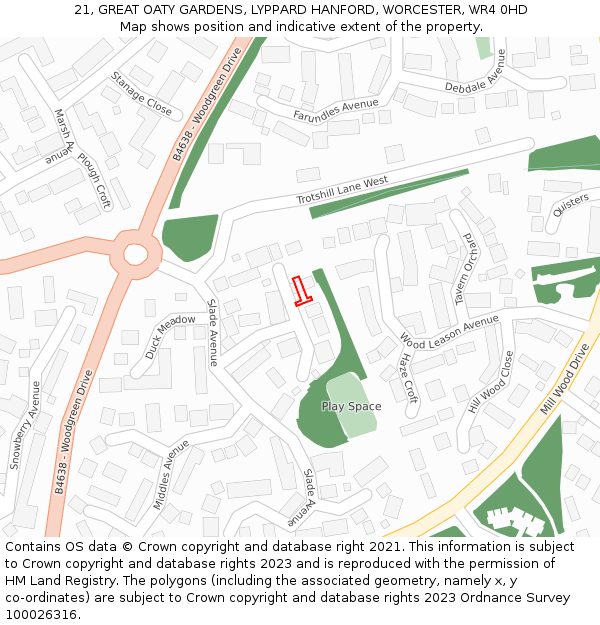 21, GREAT OATY GARDENS, LYPPARD HANFORD, WORCESTER, WR4 0HD: Location map and indicative extent of plot