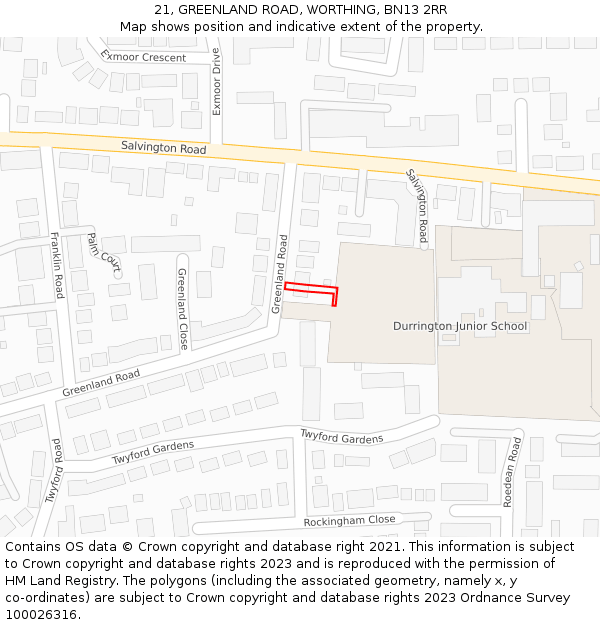 21, GREENLAND ROAD, WORTHING, BN13 2RR: Location map and indicative extent of plot