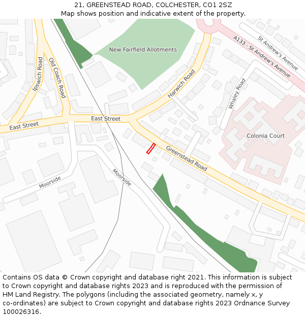 21, GREENSTEAD ROAD, COLCHESTER, CO1 2SZ: Location map and indicative extent of plot