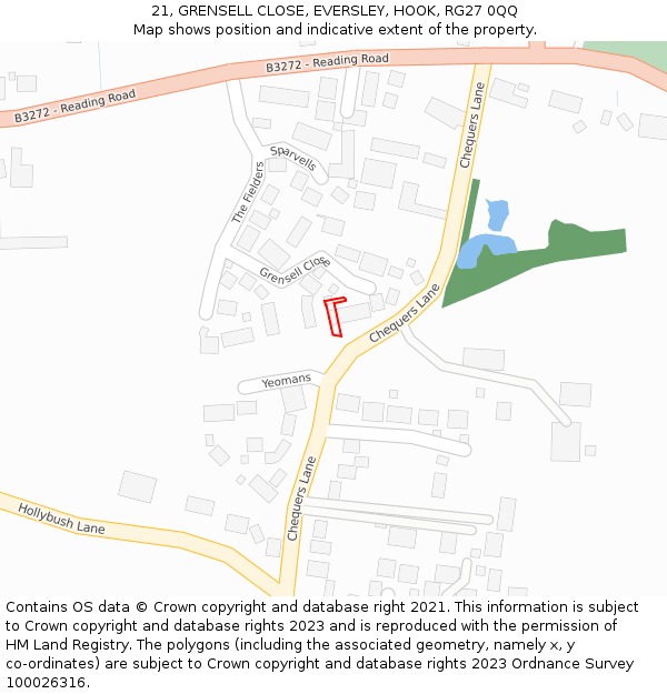 21, GRENSELL CLOSE, EVERSLEY, HOOK, RG27 0QQ: Location map and indicative extent of plot