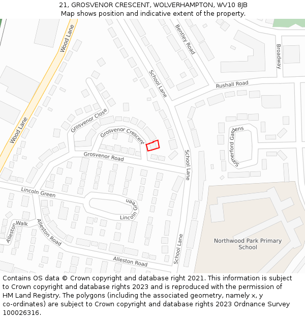 21, GROSVENOR CRESCENT, WOLVERHAMPTON, WV10 8JB: Location map and indicative extent of plot