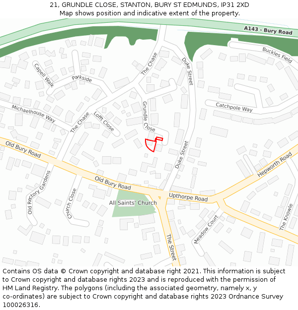21, GRUNDLE CLOSE, STANTON, BURY ST EDMUNDS, IP31 2XD: Location map and indicative extent of plot