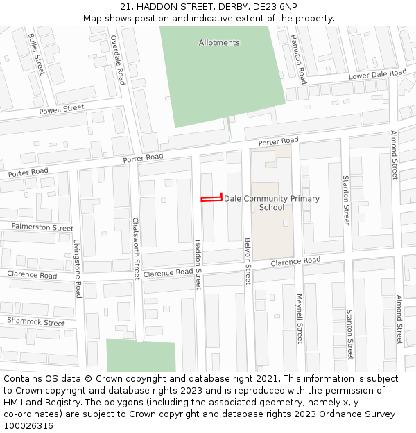 21, HADDON STREET, DERBY, DE23 6NP: Location map and indicative extent of plot