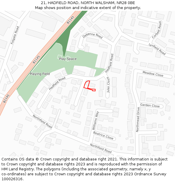21, HADFIELD ROAD, NORTH WALSHAM, NR28 0BE: Location map and indicative extent of plot