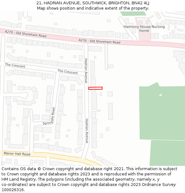 21, HADRIAN AVENUE, SOUTHWICK, BRIGHTON, BN42 4LJ: Location map and indicative extent of plot