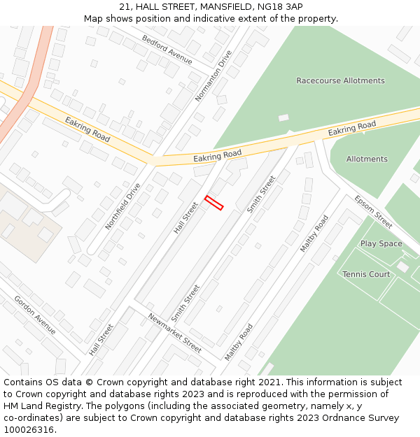 21, HALL STREET, MANSFIELD, NG18 3AP: Location map and indicative extent of plot