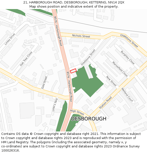21, HARBOROUGH ROAD, DESBOROUGH, KETTERING, NN14 2QX: Location map and indicative extent of plot