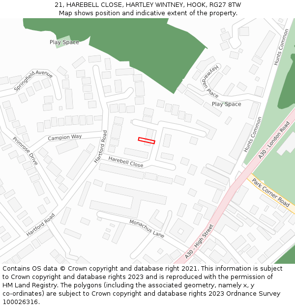 21, HAREBELL CLOSE, HARTLEY WINTNEY, HOOK, RG27 8TW: Location map and indicative extent of plot