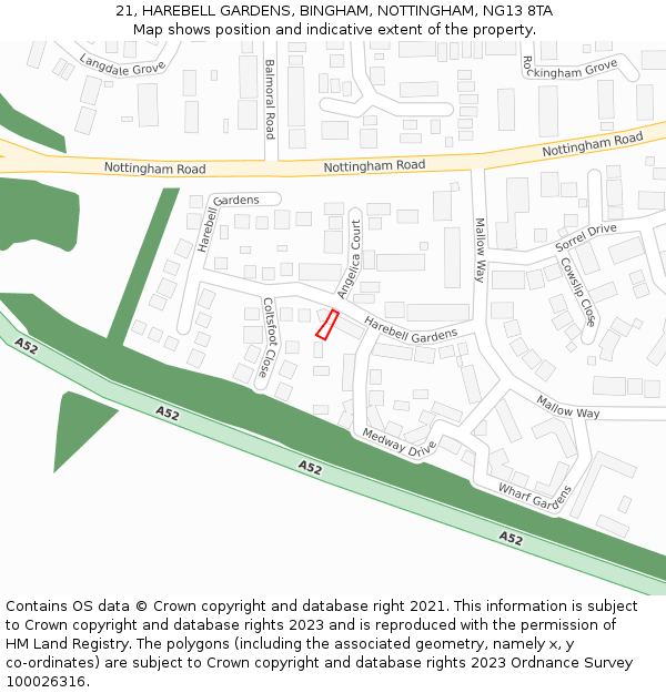 21, HAREBELL GARDENS, BINGHAM, NOTTINGHAM, NG13 8TA: Location map and indicative extent of plot