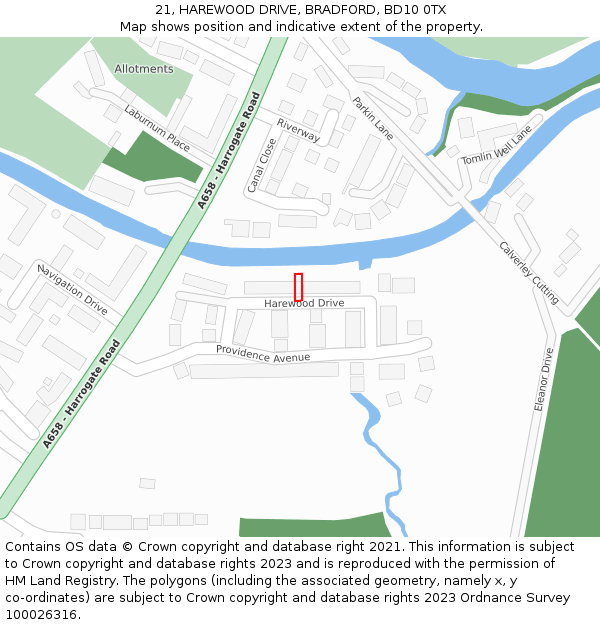 21, HAREWOOD DRIVE, BRADFORD, BD10 0TX: Location map and indicative extent of plot