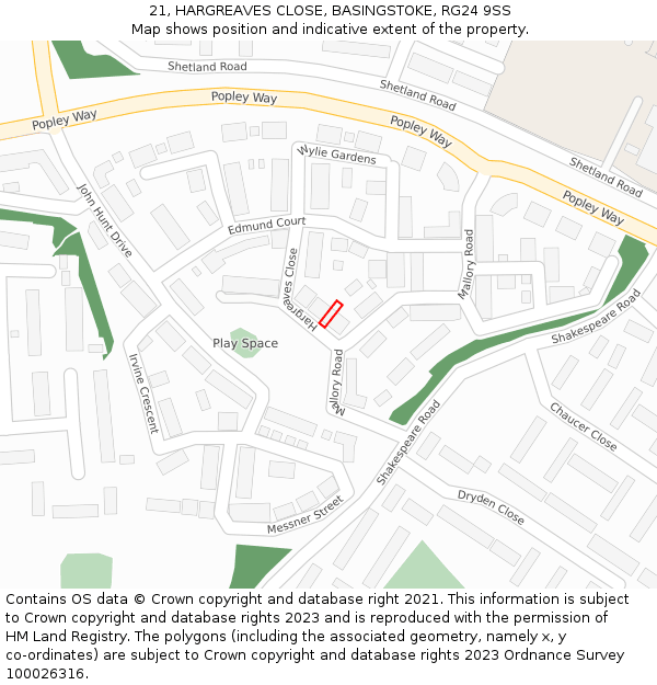 21, HARGREAVES CLOSE, BASINGSTOKE, RG24 9SS: Location map and indicative extent of plot