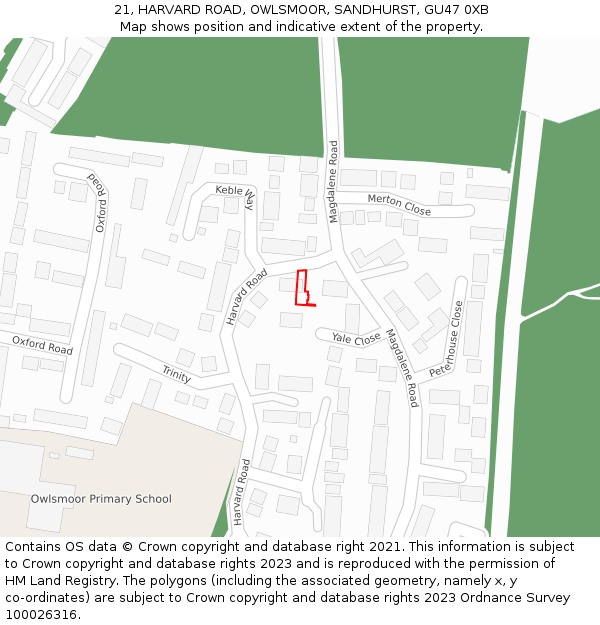 21, HARVARD ROAD, OWLSMOOR, SANDHURST, GU47 0XB: Location map and indicative extent of plot