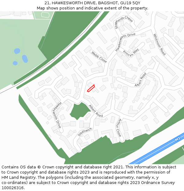 21, HAWKESWORTH DRIVE, BAGSHOT, GU19 5QY: Location map and indicative extent of plot