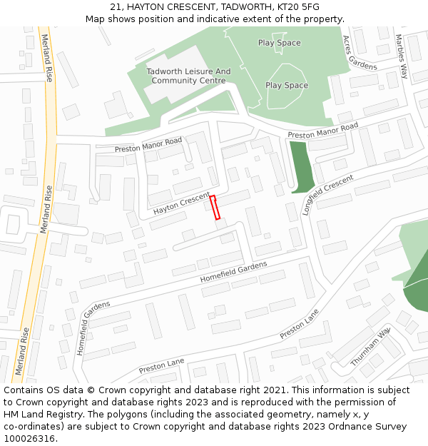 21, HAYTON CRESCENT, TADWORTH, KT20 5FG: Location map and indicative extent of plot