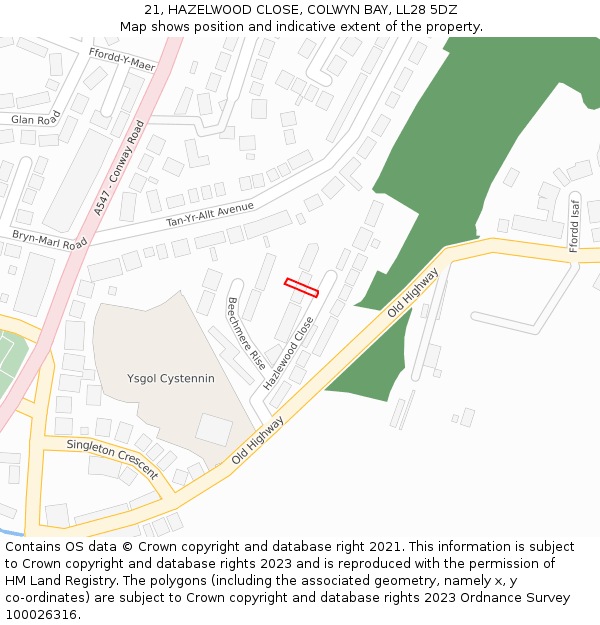 21, HAZELWOOD CLOSE, COLWYN BAY, LL28 5DZ: Location map and indicative extent of plot