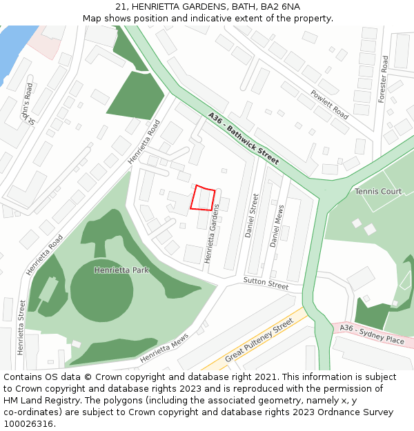 21, HENRIETTA GARDENS, BATH, BA2 6NA: Location map and indicative extent of plot